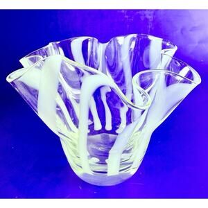 Handkerchief Vase Murano Style Art Glass Ruffled Bowl Hand Blown 4.5” W/ Stripes